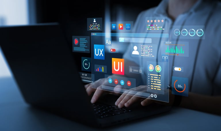 Holographic UI-UX display showing creative design concepts