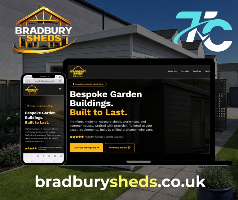 Bradbury Sheds website displayed on mobile and desktop screens showing bespoke garden buildings with company logo and shed storefront background