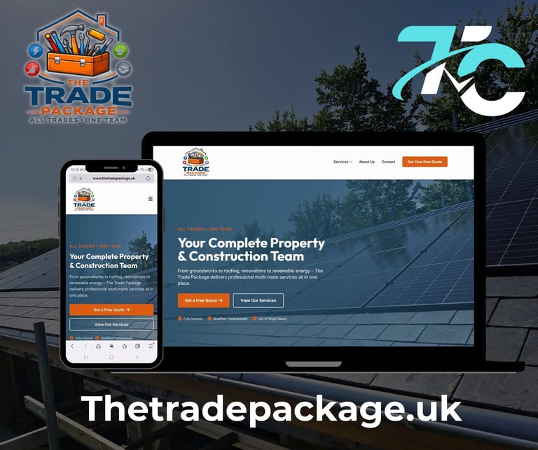 The Trade Package website displayed on mobile phone and desktop showing complete property and construction services