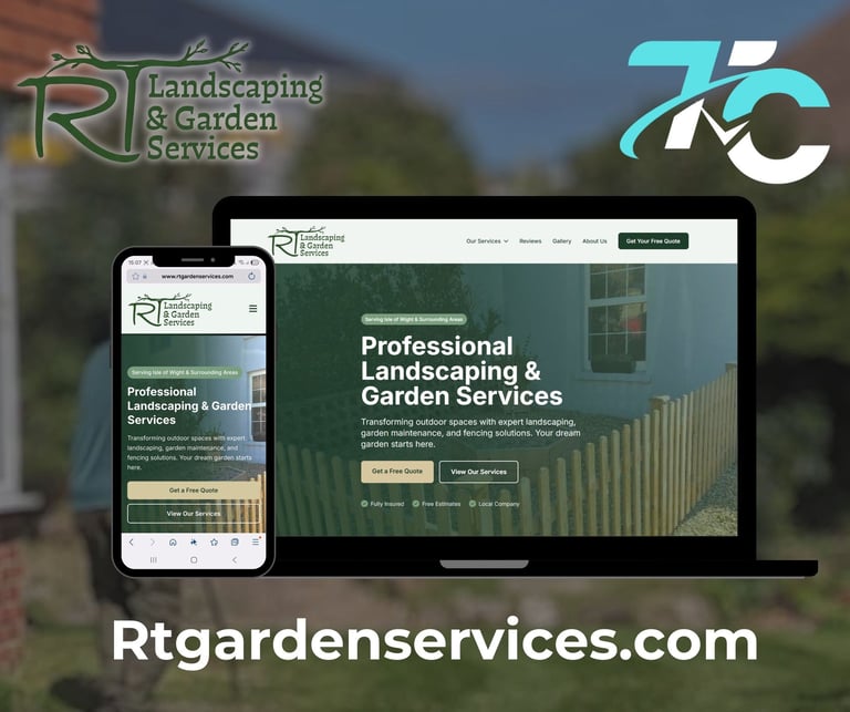 R&T Landscaping & Garden Services website displayed on mobile phone and laptop, showing professional landscaping services homepage
