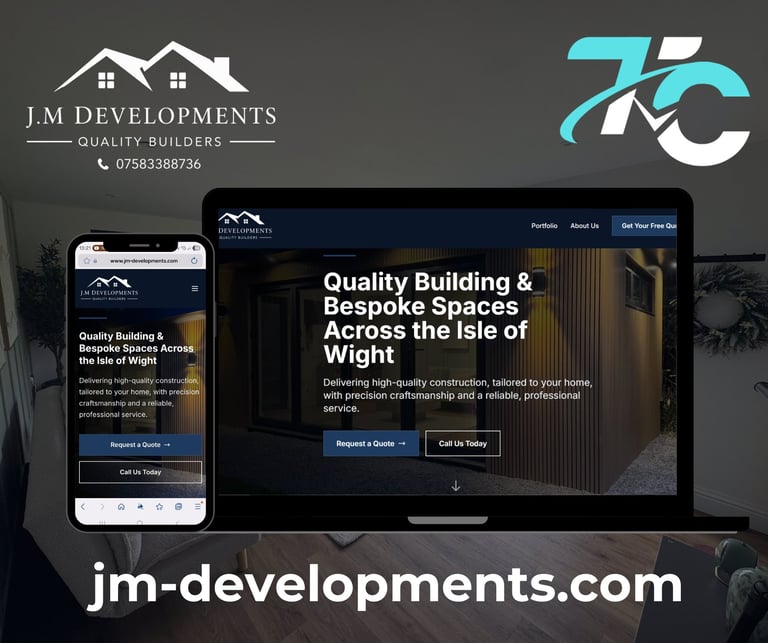 JM Developments website mockup showing responsive design on mobile and desktop screens for Isle of Wight quality building services
